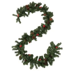 9Feet Green Christmas Garland Decorations Artificial Xmas Garland Long Stem with Red Berry and Pine Cones for Christmas Home Garden Wedding Party