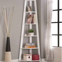 White finish wood wall corner, five tier bookshelf/bookcase/accent