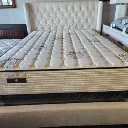 Brand New Taupe Tufted Linen Queen Bedframe