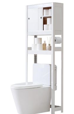 HOMEDANT House Over The Toilet Cabinet Shelf with Laminated Board, Adjustable Bathroom Storage Organizer Rack Sliding Door, Medicine Shelving, Shelves