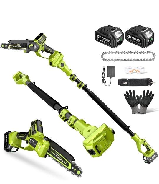 Electric Pole Saws for Tree Trimming, 8" & 6" Mini Chainsaw Cordless with Extension Pole & 2x4.0Ah Battery, 20V Brushless Pole Saw Battery Powered, 16