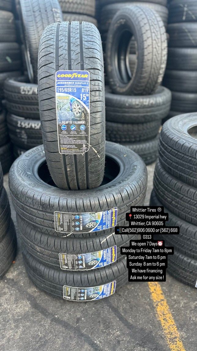SET OF NEW TIRES, 195/65R15 GOODYEAR DURAPLUS, INCLUDING MOUNTING AND BALANCING. ASK ME FOR ANY SIZE OR BRAND, LLANTAS NUEVAS