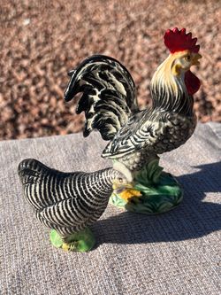 Vintage Lefton China Plymouth Rock Rooster & Hen Figurines Set KW1051 farmhouse collectable decor