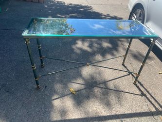 Green and gold glass Giacometti console table