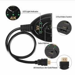 4K Ultra HD 3 Way HDMI Switch Splitter HDTV Auto 3 Port IN 1 OUT with 45CM Cable