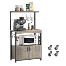 Bestier Microwave Stand with Storage Cabinet, Height-Adjustable Bakers Racks for Kitchen with Wheels & Feet, Industrial Rolling Coffee Bar Shelf with 