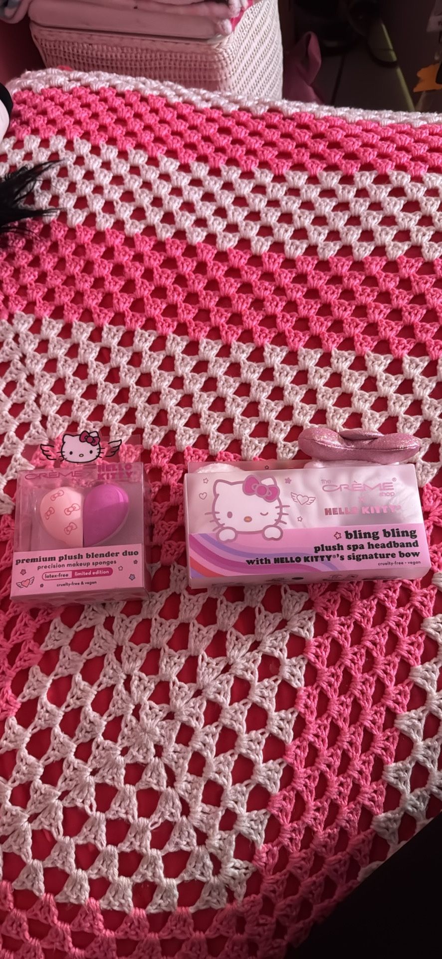 Hello Kitty makeup plush spa headband and Hello Kitty premium plush beauty blender duo