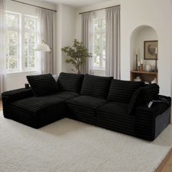 110" Extra Large Upholstered Corduroy Sofa with Charging Station & Cup Holders, Compression Packaged, 3-Seat Modern Couch for Living Room, Black