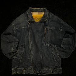 Vintage Japanese Denim Jacket Dark Blue Medium – Unique Graphic Lining