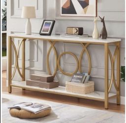 Sofa Console Table, Modern Gold Console Table with Faux Marbled Tabletop, Engineered Wood Entryway Tables with 2 Tier Storage, Narrow Sofa Table for L