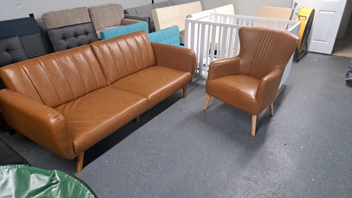 NEW MODERN FUTON SOFA WITH ACCENT CHAIR FAUX LEATHER CAMEL 