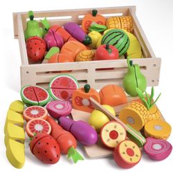 FUN LITTLE TOYS 35PCS Wooden Play Food for Kids Kitchen, Pretend Cutting Food Toys with Wooden Tray, Dishes and Knife for Kids, Pretend Play Food for 