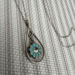 Vintage Zuni Turquoise Inlay Necklace – Sterling Silver Teardrop Pendant