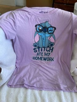 Disney Stitch “Stitch Ate My Homework” Purple Graphic Tee Kids Large (10–12)