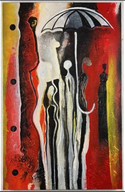People W / Umbrella Abstract Modern Mixed Media Painting 26" X 17"