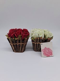 Artificial Rose 2 Bouquet Bundle Rustic Wood Stick Red and White 4 in. Wide