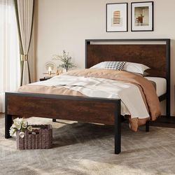 14 Inch Twin Size Metal Platform Bed Frame with Wooden Headboard and Footboard, Mattress Foundation, No Box Spring Needed, Large Under Bed Storage, He