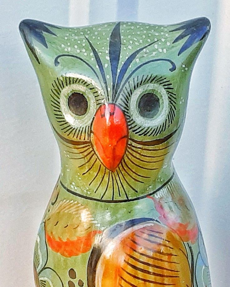 Vintage Green Folk Art Mexican Pottery OWL Figurine 7.5" X 3"