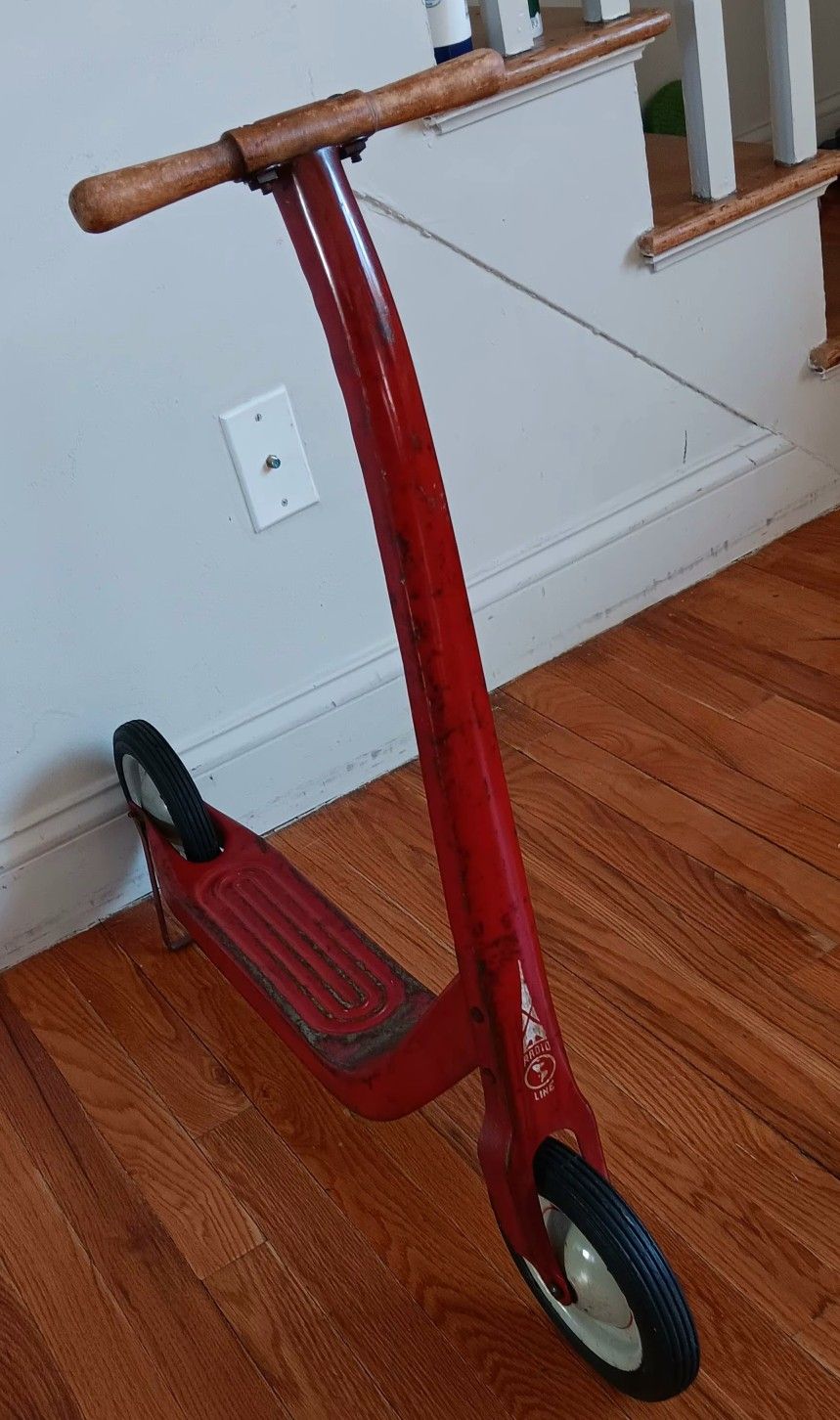 1940's Steel Frame Kick Scooter With Wooden Handles