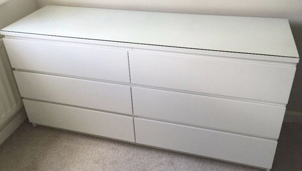 Ikea Malm White 6 Drawer Dresser Chest With Glass Top For Sale