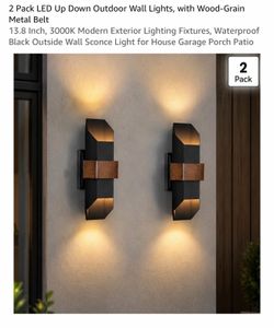 2 Pack LED Up Down Outdoor Wall Lights, with Wood-Grain Metal Belt 13.8 Inch, 3000K Modern Exterior Lighting Fixtures, Waterproof Black Outside Wall S