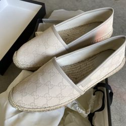 Gucci Cream/Gray Monogram Signature GG Leather/Canvas Espadrille Flats - SZ  7.5