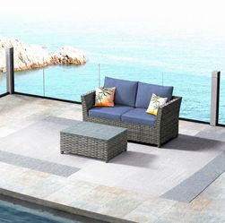 Vanilla 3 Pieces Wicker Patio Conversation Seating Sofa Set with Denim Blue Cushions