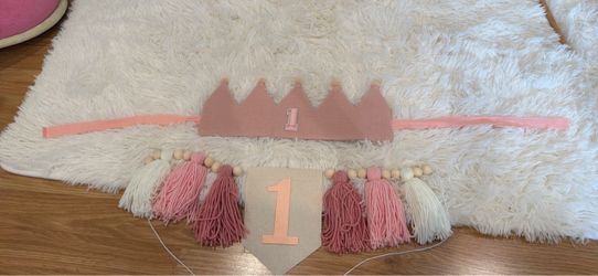 One year old high chair banner and birthday hat