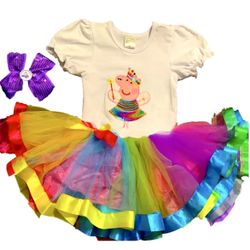 Peppa Fairy Birthday Party 4th Birthday Rainbow Tutu Dress with peppa headband sizes 1T-2T-3T-4T-5T-6T-7T