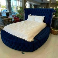 Circle Elegant Blue Velvet Bed Frame👍 Financing And Delivery Available👌 Brand New👍 Recamara 💥