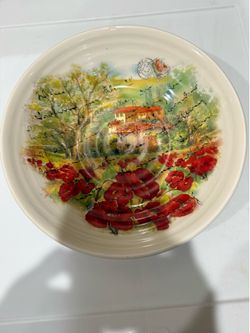 Vintage 9” Ceramica Cuore Bowl: Handcrafted Tuscany Poppy Field Scene