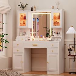 White Makeup Vanity Desk with Mirror and Lights, Large Vanity Table Set with Charging Station