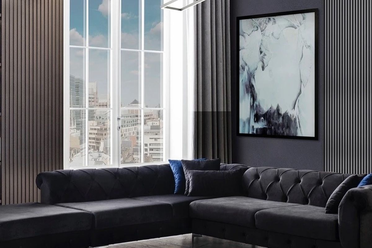 Lexi Black Velvet LAF Sectional with Ottoman / couch /Living room set
