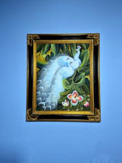 Vintage hand-painted oil on canvas peacocks artwork