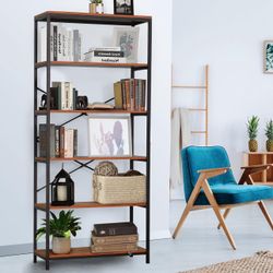 Bookshelf, Industrial Book Shelf Large Storage Shelves, Display Shelf Tall Bookcase Metal Bookshelves, 6 Tier Bookcases Wood Heavy Duty Shelving Unit 