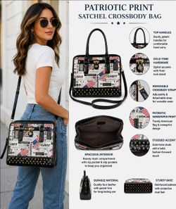 Patriotic American Flag Newspaper Print Satchel Crossbody Handbag Black Patent Studded Purse