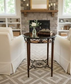 Granite Top Round End Table W/iron Details 