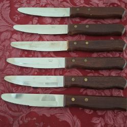 Vintage Genuine Super Sharp DELCO Brazilian Steak Knife Set In Excellent Condition!  Brass riveted Solid hardwood handles