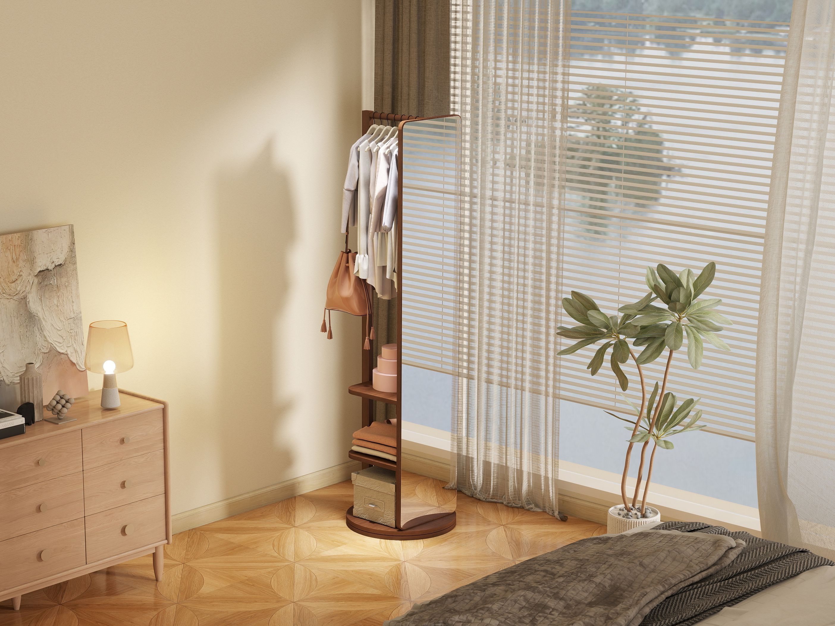 360° Rotating 69x16 Multifunctional Full Length Mirror with Hook Storage Rack Coat Rack with Mirror Solid Wood Floor Mirror Bedroom Living Room Cloakr