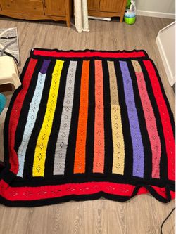 Hand Made Rainbow Paneled Striped Bold Color Afghan / Throw Blanket 66” x 75”