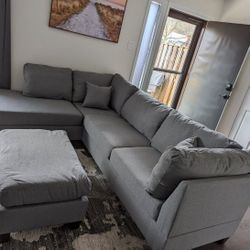 Brand New Grey Linen Sectional Sofa +Ottoman (New In Box) 