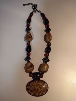 Chunky Beaded Statement Necklace with Oval Pendant