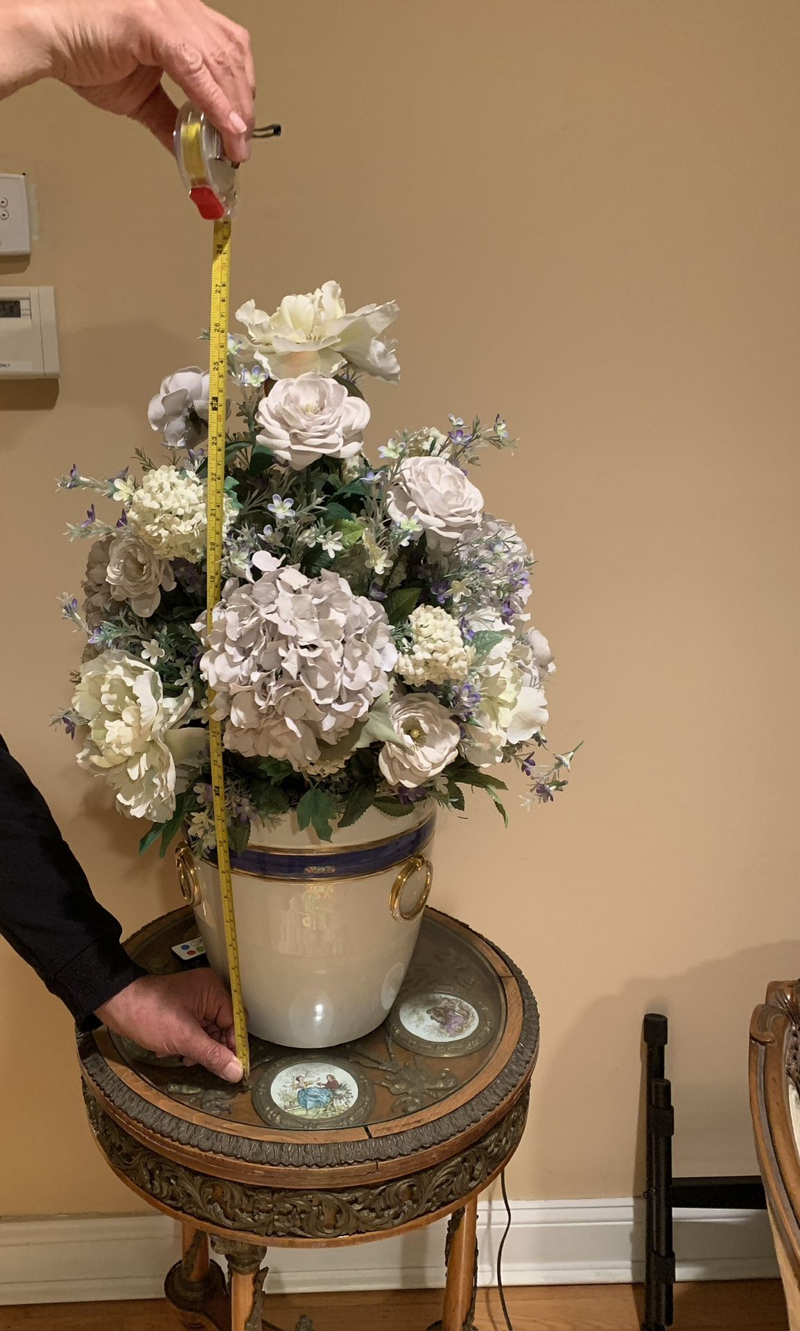 Large Beautiful Center Piece Floral Arrangements In A Beautiful Porcelain Pot , Ivory And Blue 28” Tall , 10” Pot Height