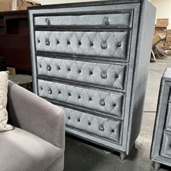 !!New!!!Gray 5-Drawer Chest, Tall Chest, Jeweled Knob Chest, Upholstered Chest, Dovetailed Drawer Design Chest, Dresser, Nightstand 