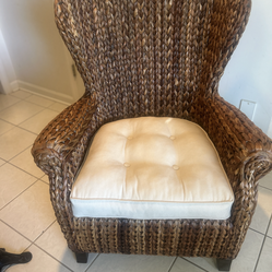 Large Woven Rattan Wingback Accent Chair With Cushion-$120
