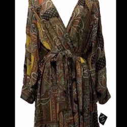 ✨New With Tags✨ Size 12 Brown Gold Brick Paisley Long Dress Slit Sleeves V-neck Tie Waist 