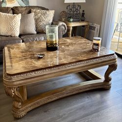 Solid Marble And Wood Coffee Table Set 