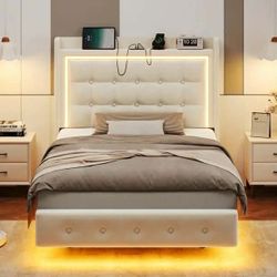 Twin Size Floating Bed Frame with RGB LED Lights Charging Station, Modern Velvet Upholstered Platform Bed Frame with Storage Headboard, Off-White