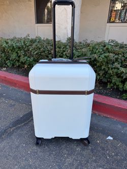Medium Hardside Expandable Spinner Luggage with TSA Lock, White with Brown Trim