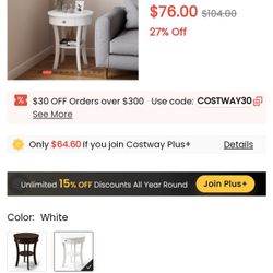 2 Tier Wood Round End Table With Open Drawer White New $60